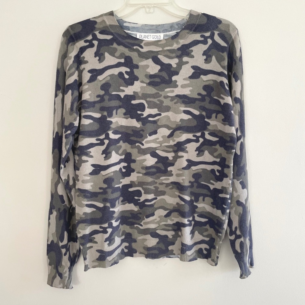 Planet Gold Womens XL Camouflage Crewneck Sweater Grey Olive Green Camo Pullover